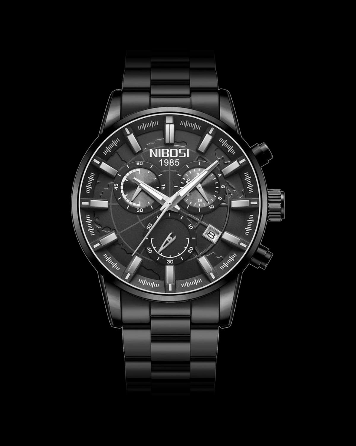 Reloj NIBOSI 1985 Atlas Crono, negro · esfera negra — referencia NB-ATL-BKBK
