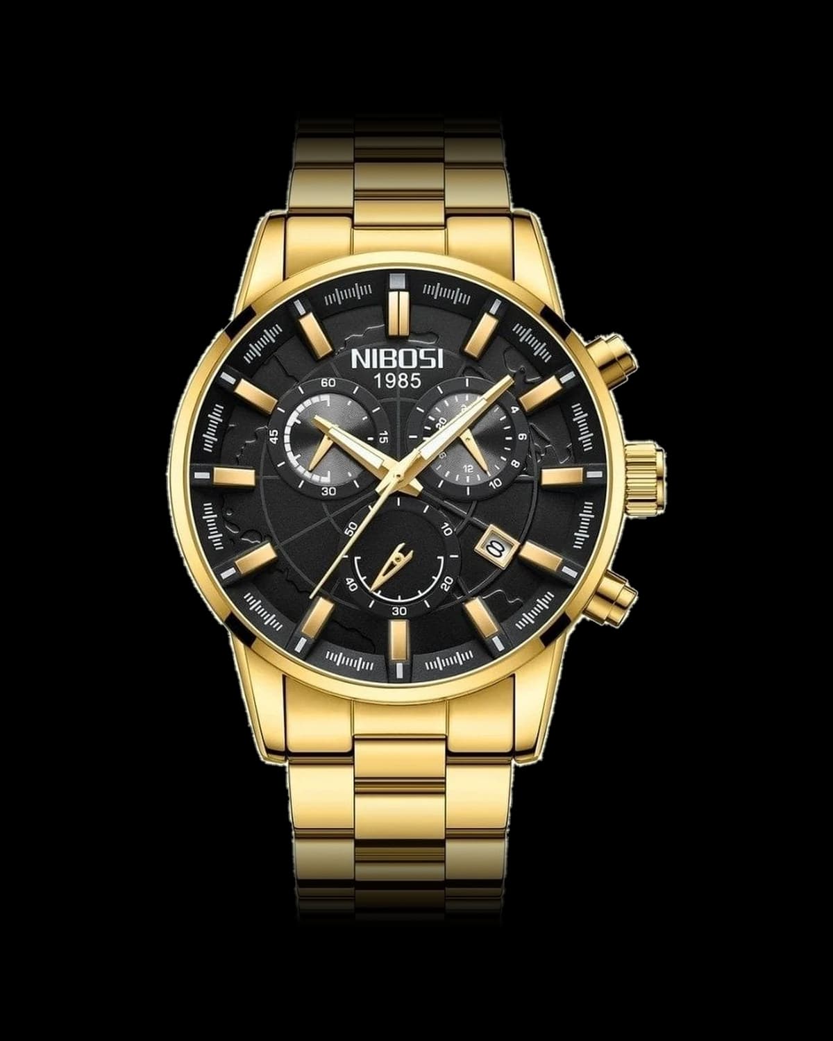 Reloj NIBOSI 1985 Atlas Crono, dorado · esfera negra — referencia NB-ATL-GDBK