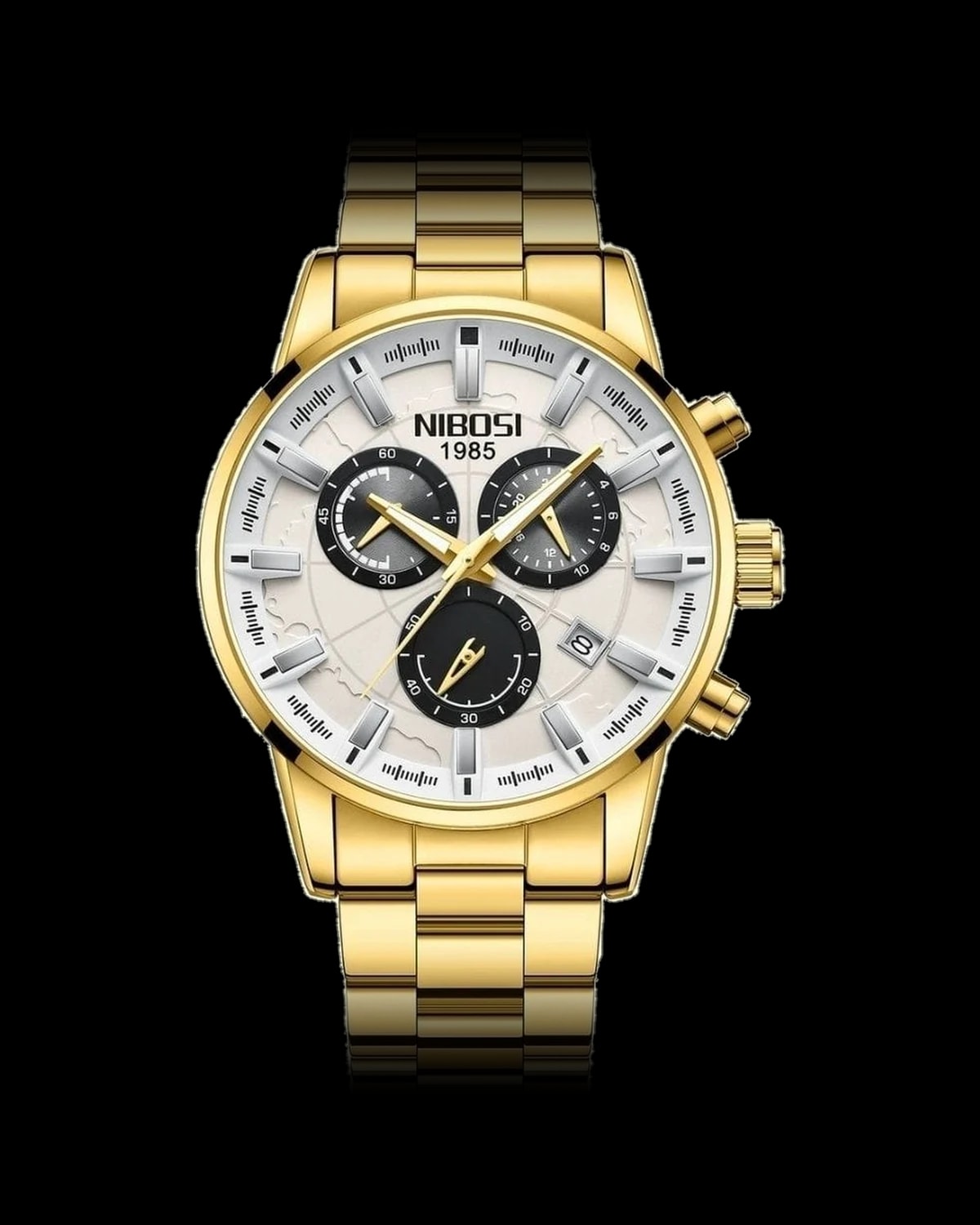 Reloj NIBOSI 1985 Atlas Crono, dorado · esfera blanca — referencia NB-ATL-GDWH