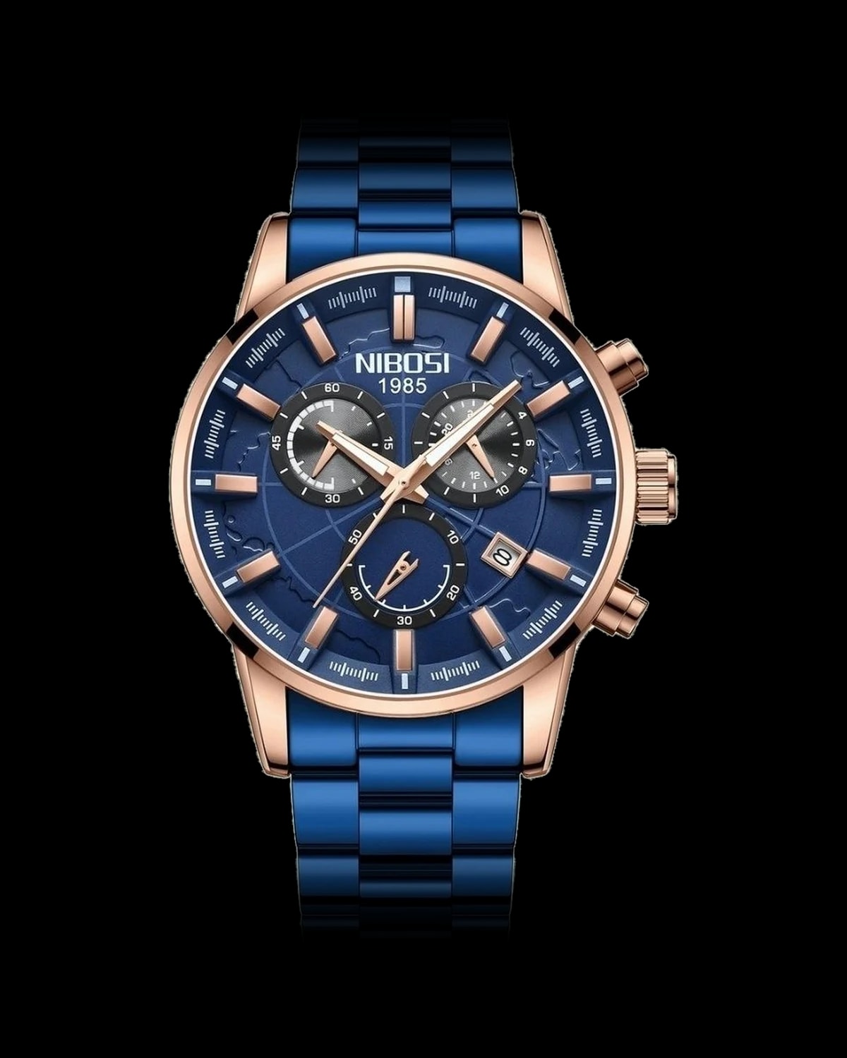 Reloj NIBOSI 1985 Atlas Crono, oro rosa · esfera azul · pulsera azul — referencia NB-ATL-RGBL-BLU