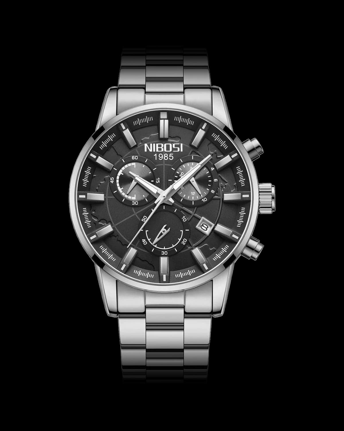 Reloj NIBOSI 1985 Atlas Crono, acero · esfera negra — referencia NB-ATL-SVBK