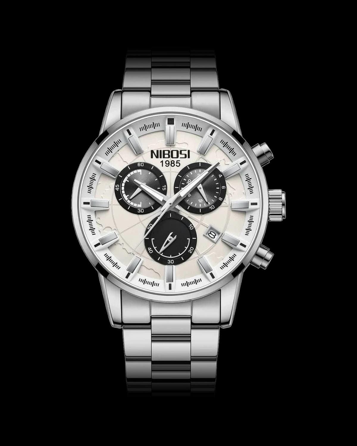 Reloj NIBOSI 1985 Atlas Crono, acero · esfera blanca — referencia NB-ATL-SVWH