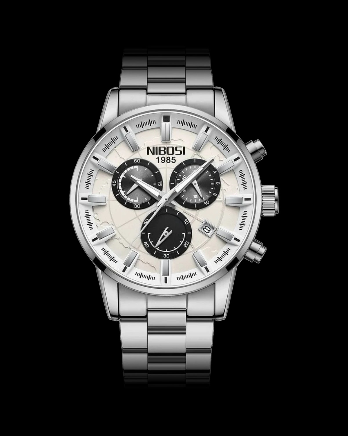 Reloj NIBOSI 1985 Atlas Crono, acero · esfera blanca — referencia NB-ATL-SVWH