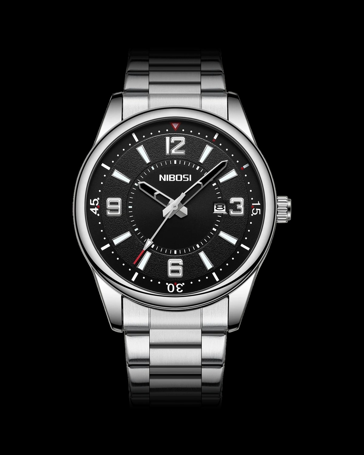Reloj NIBOSI 1985 Aviator, acero · esfera negra — referencia NB-AVI-SVBK