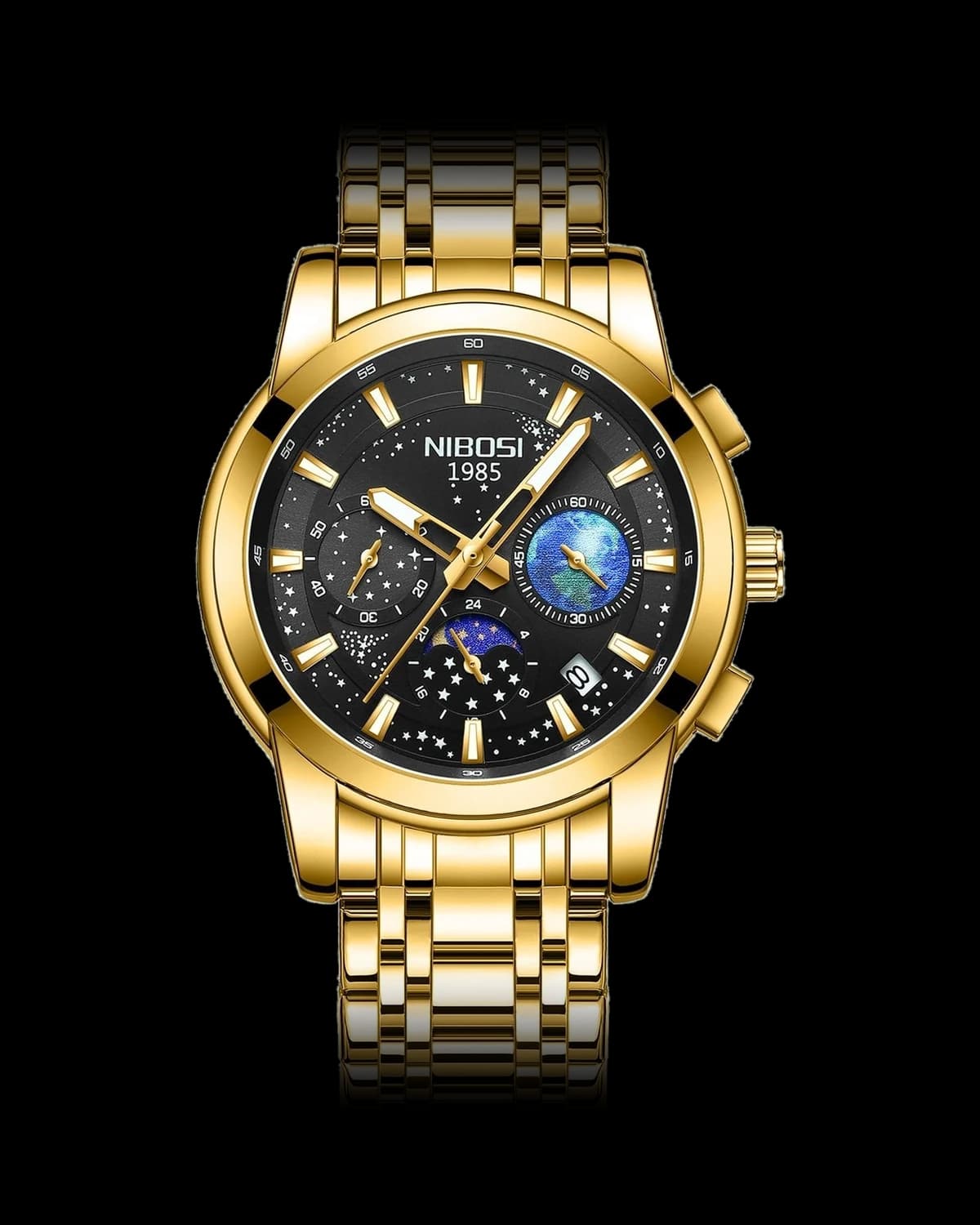 Reloj NIBOSI 1985 Cosmos Crono, dorado · esfera negra — referencia NB-CSM-GDBK