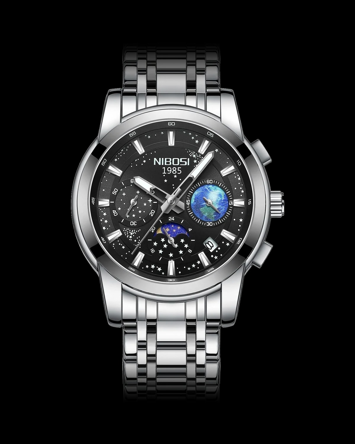 Reloj NIBOSI 1985 Cosmos Crono, acero · esfera negra — referencia NB-CSM-SVBK
