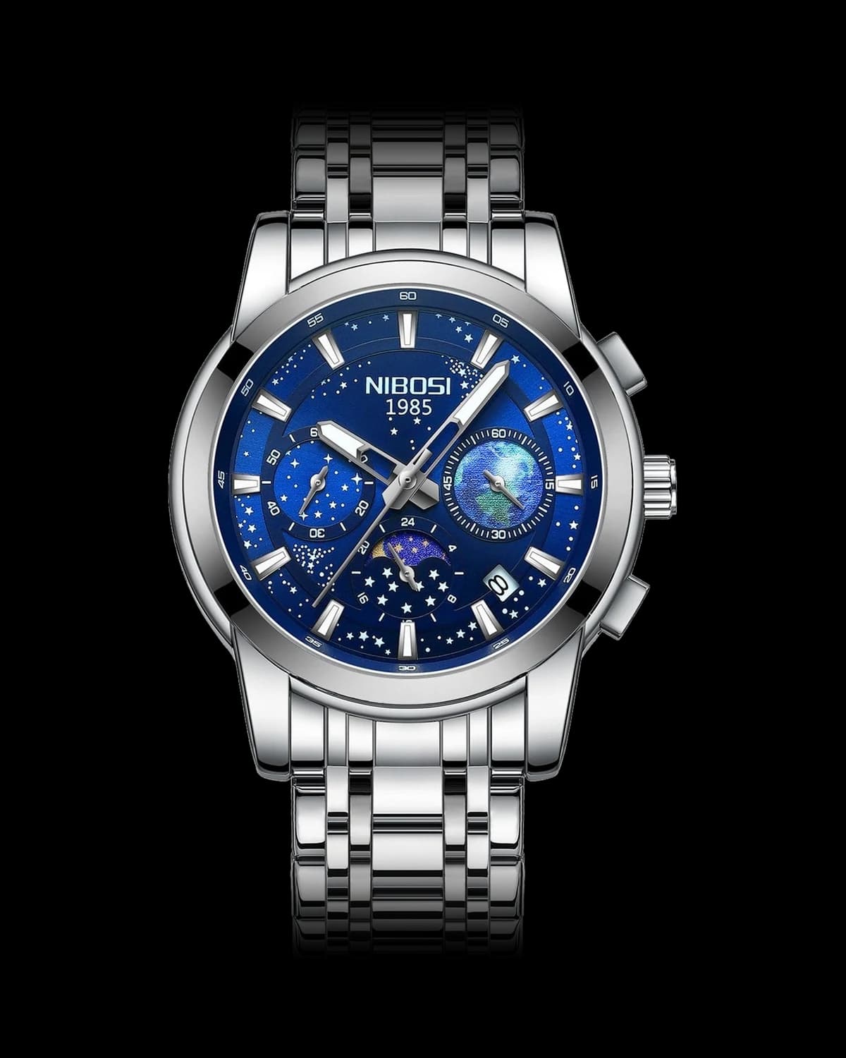 Reloj NIBOSI 1985 Cosmos Crono, acero · esfera azul — referencia NB-CSM-SVBL