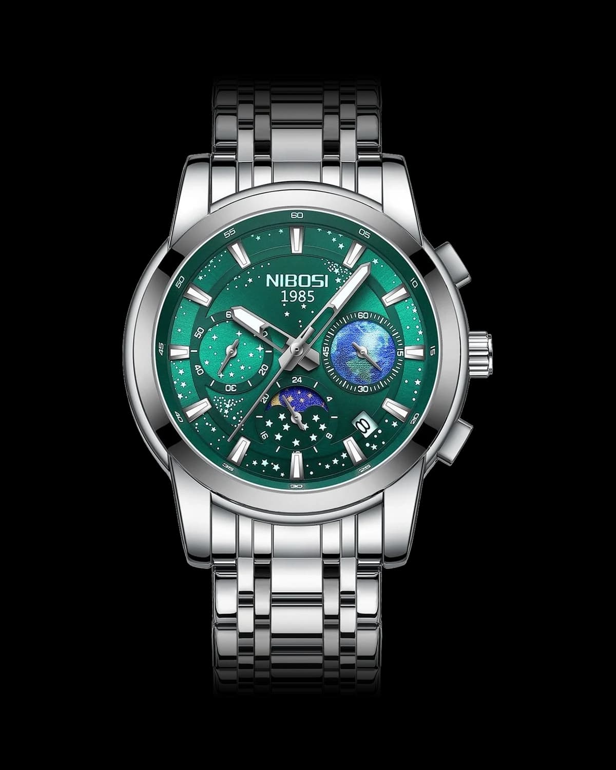 Reloj NIBOSI 1985 Cosmos Crono, acero · esfera verde — referencia NB-CSM-SVGN