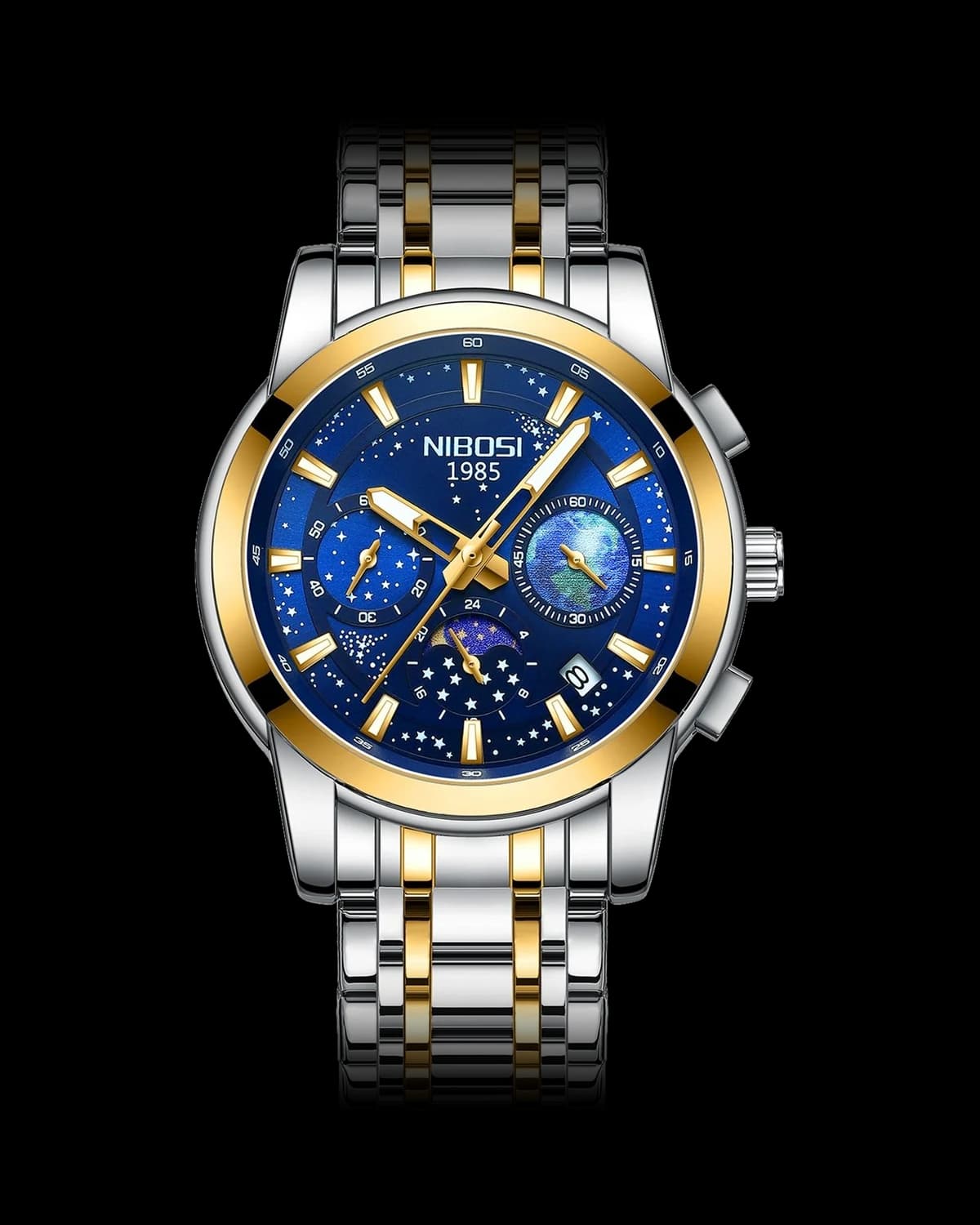 Reloj NIBOSI 1985 Cosmos Crono, bicolor · esfera azul — referencia NB-CSM-TTBL