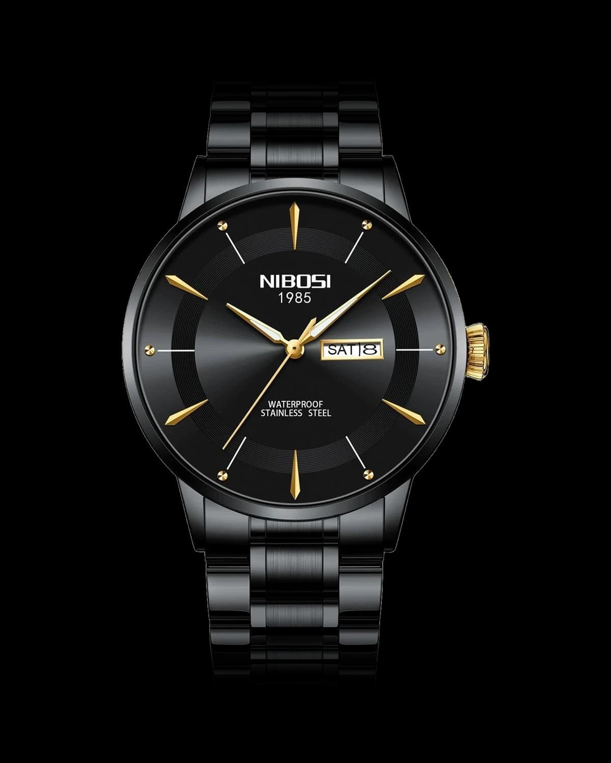 Reloj NIBOSI 1985 Elegance, negro · esfera negra · detalles dorados — referencia NB-ELG-BKBK-G