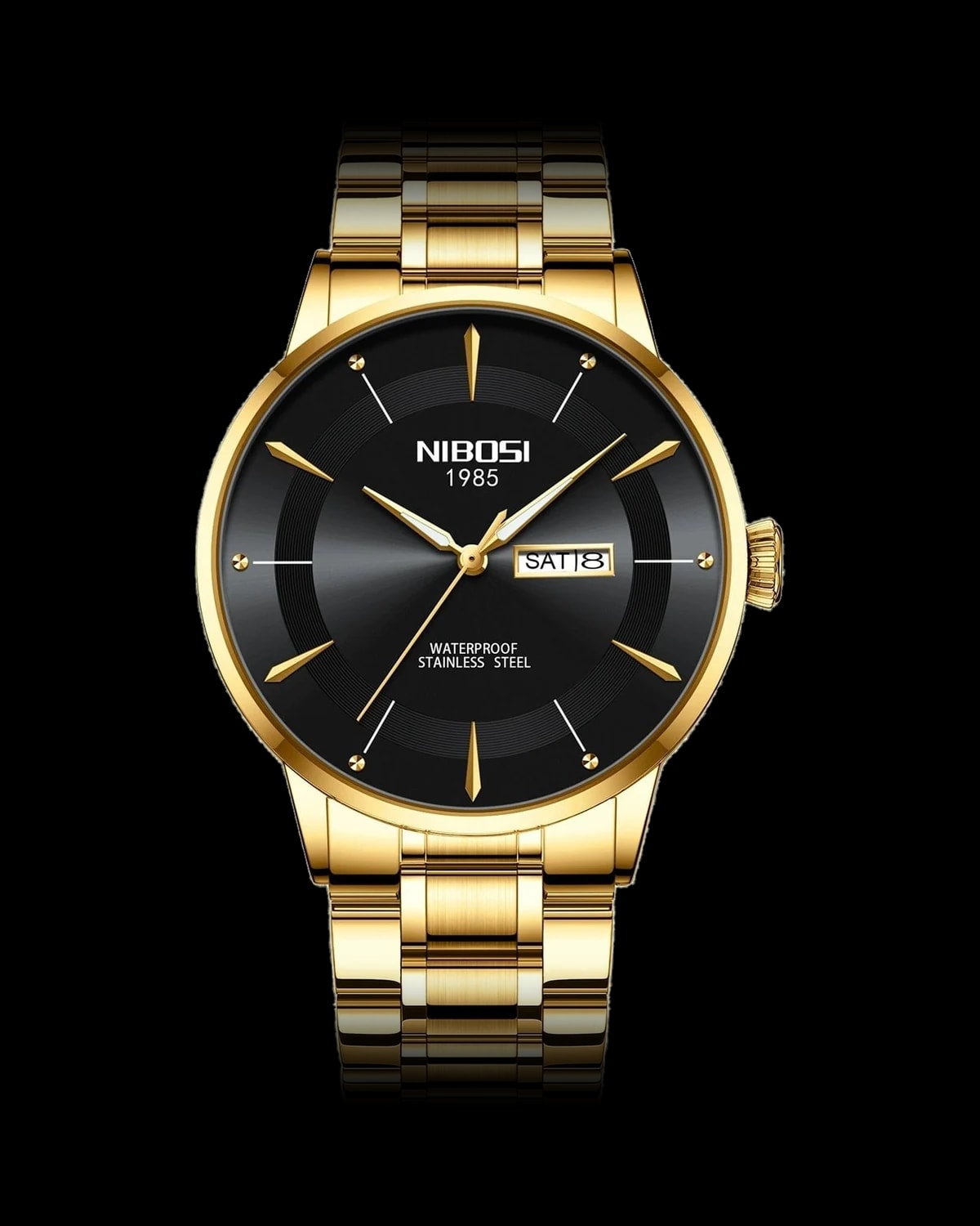 Reloj NIBOSI 1985 Elegance, dorado · esfera negra — referencia NB-ELG-GDBK