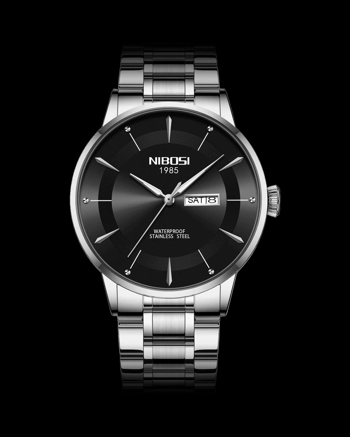 Reloj NIBOSI 1985 Elegance, acero · esfera negra — referencia NB-ELG-SVBK