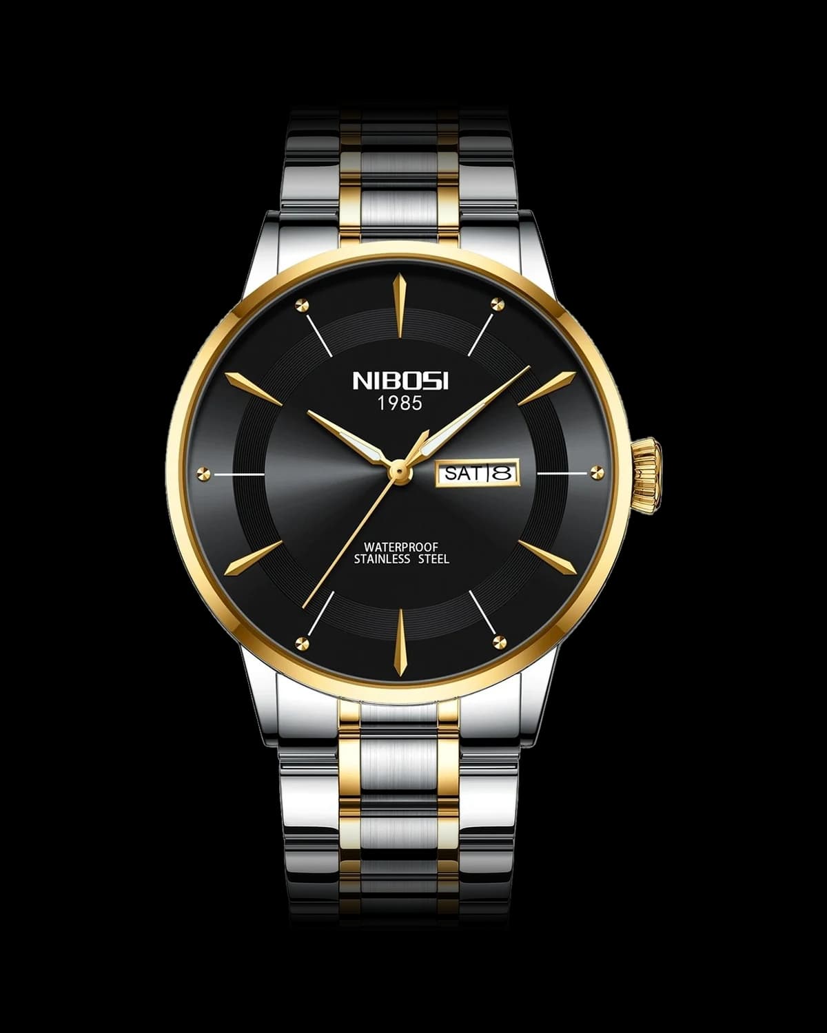 Reloj NIBOSI 1985 Elegance, bicolor · esfera negra — referencia NB-ELG-TTBK
