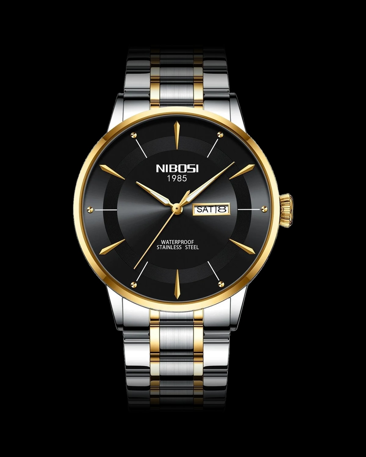 Reloj NIBOSI 1985 Elegance, bicolor · esfera negra — referencia NB-ELG-TTBK