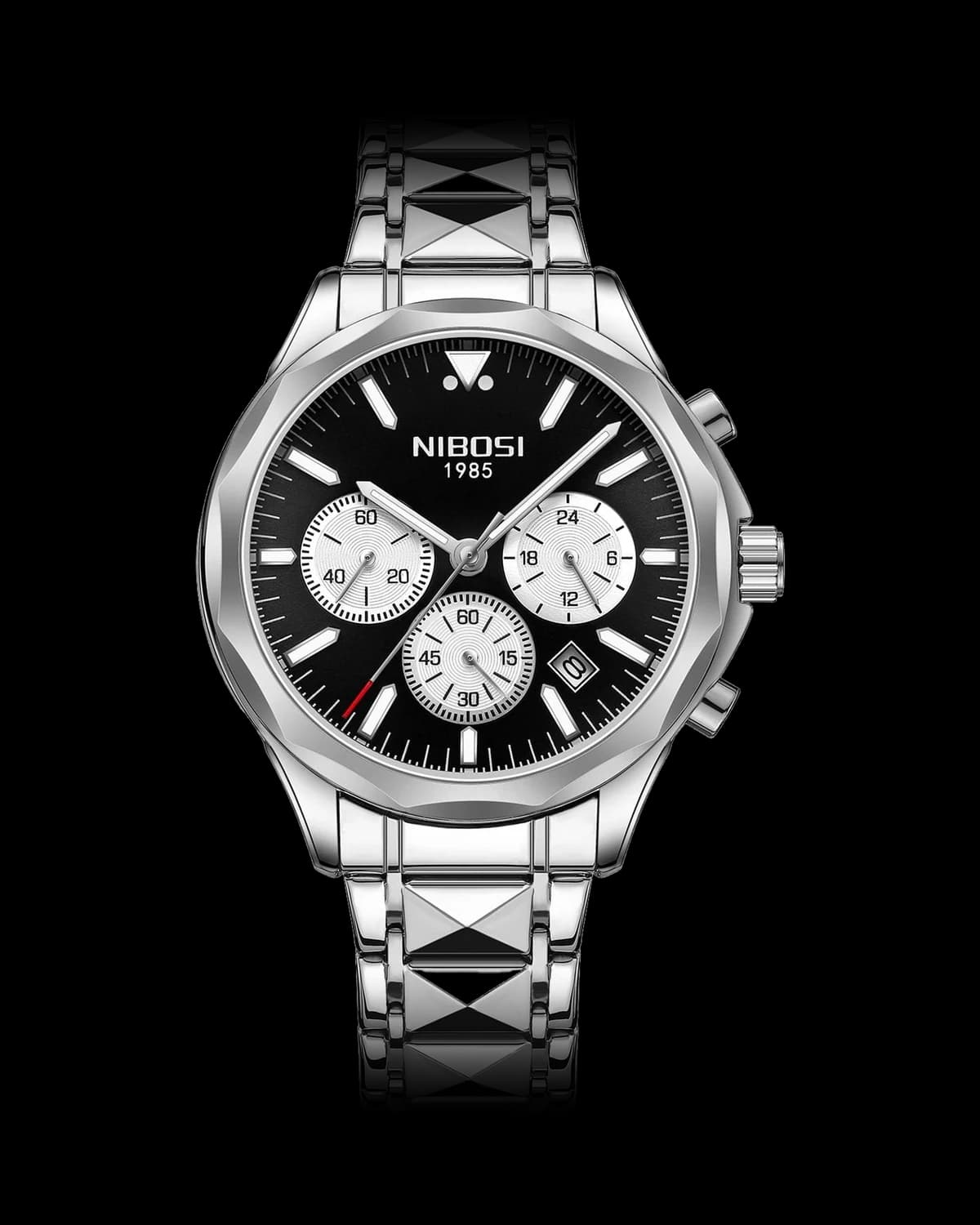 Reloj NIBOSI 1985 Executive Crono, acero · esfera negra — referencia NB-EXC-SVBK