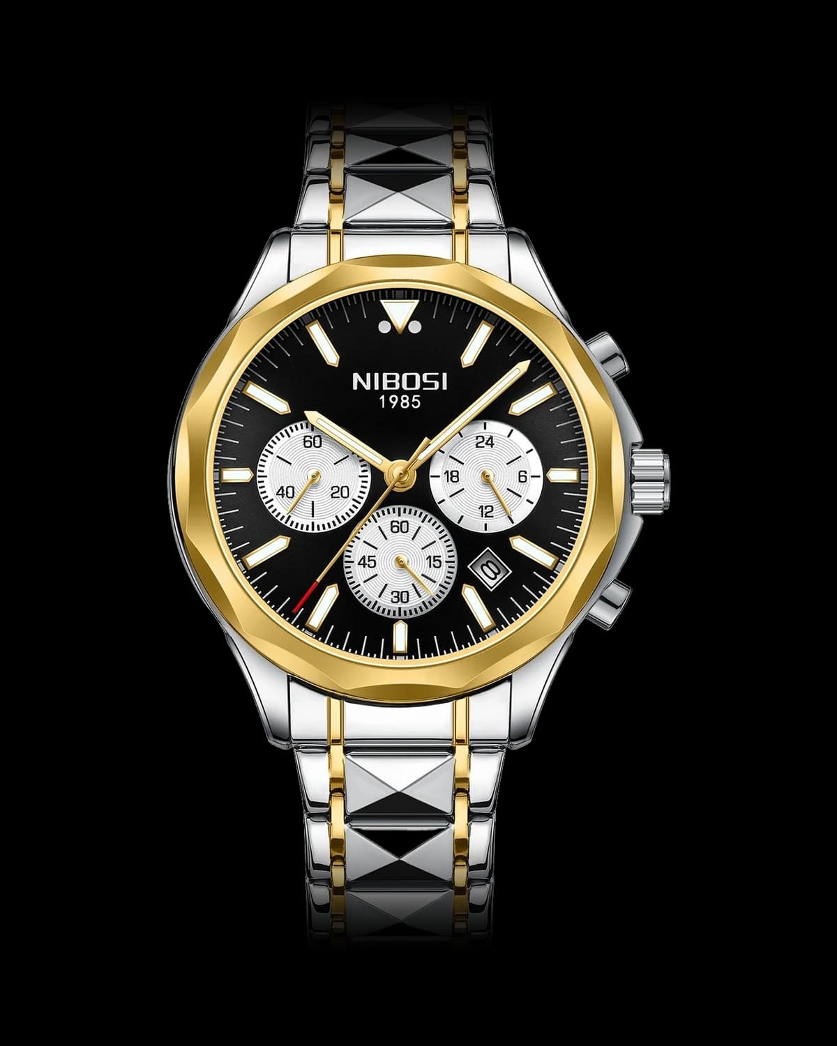 Reloj NIBOSI 1985 Executive Crono, bicolor · esfera negra — referencia NB-EXC-TTBK
