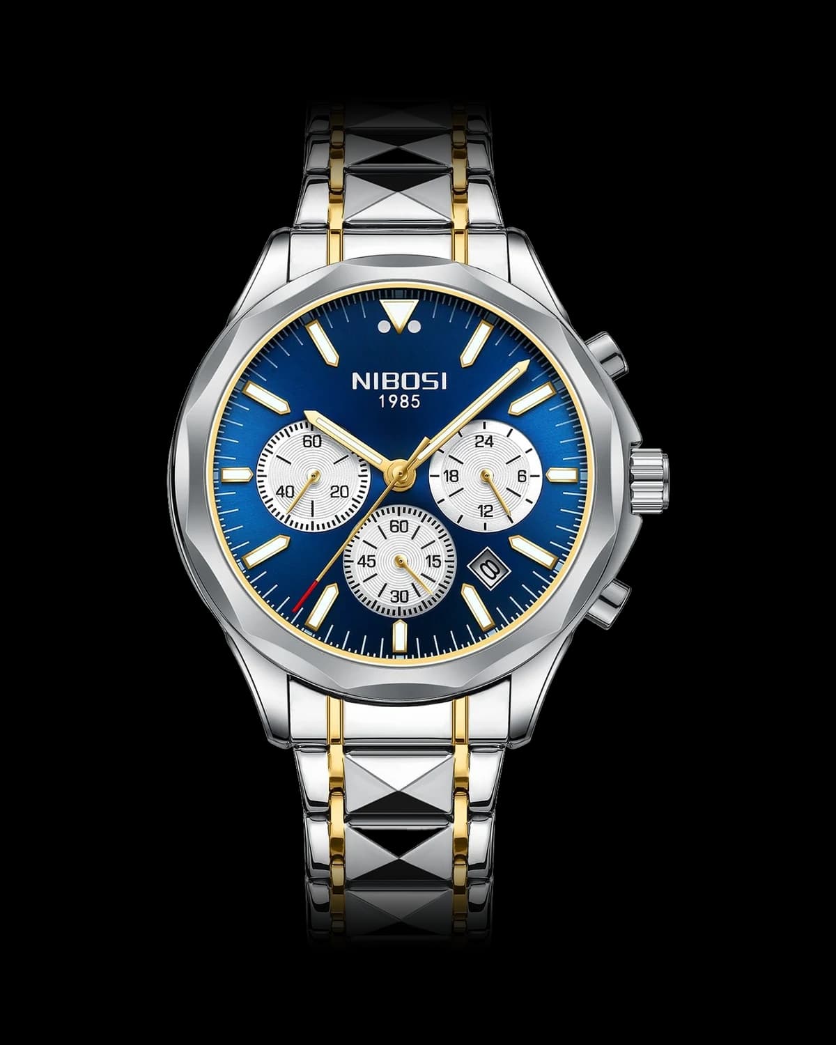 Reloj NIBOSI 1985 Executive Crono, bicolor · esfera azul — referencia NB-EXC-TTBL