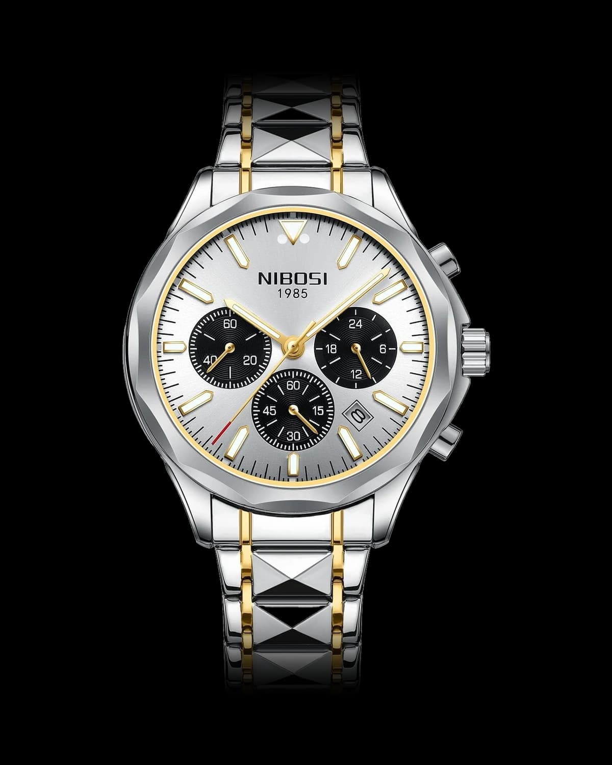 Reloj NIBOSI 1985 Executive Crono, bicolor · esfera blanca — referencia NB-EXC-TTWH