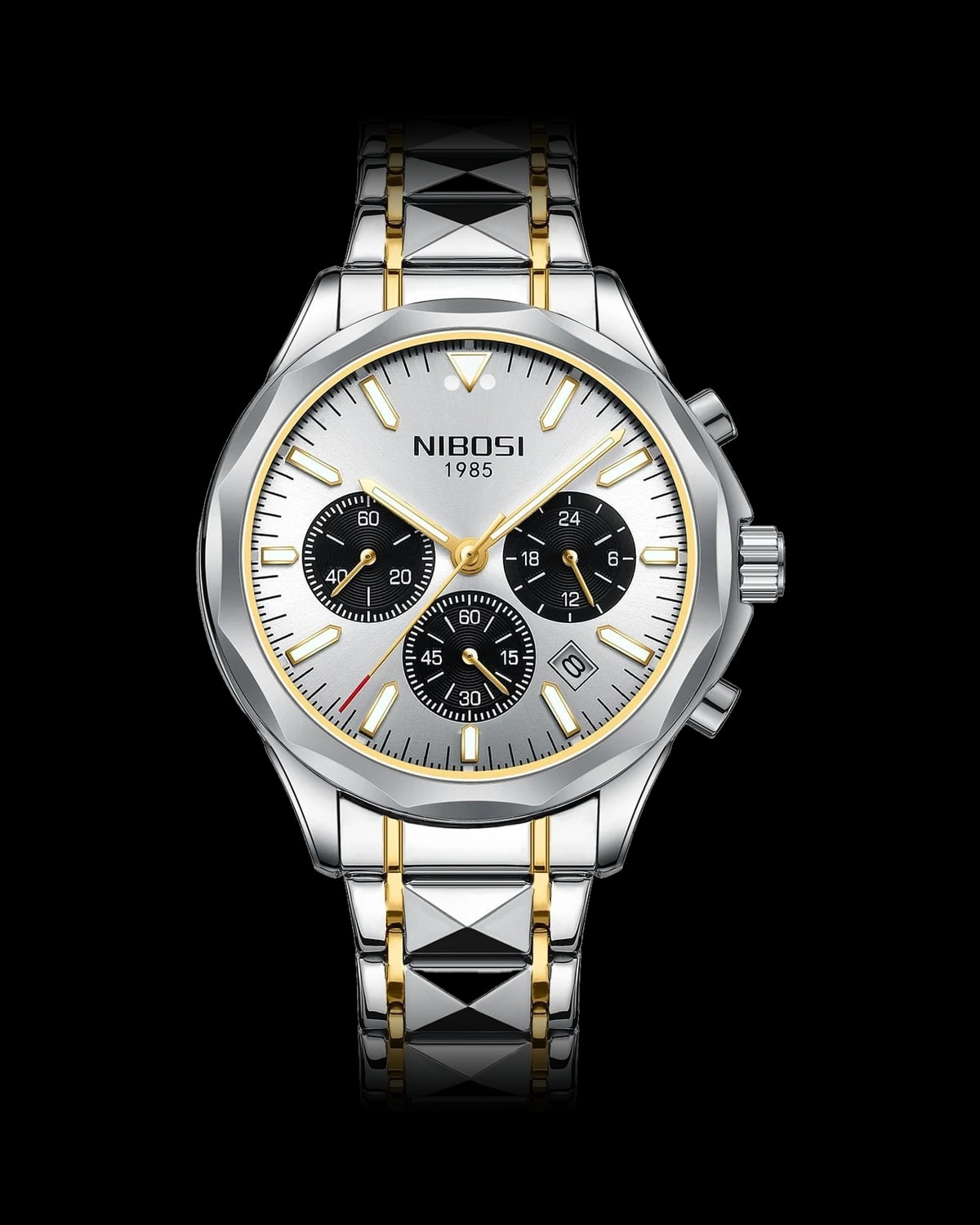 Reloj NIBOSI 1985 Executive Crono, bicolor · esfera blanca — referencia NB-EXC-TTWH