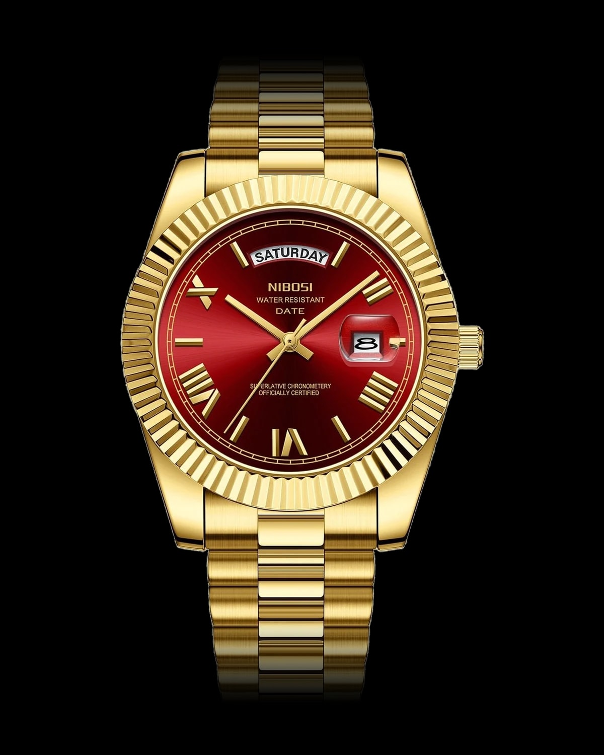 Reloj NIBOSI 1985 Imperial Clásico, dorado · esfera roja — referencia NB-IMC-GDRD