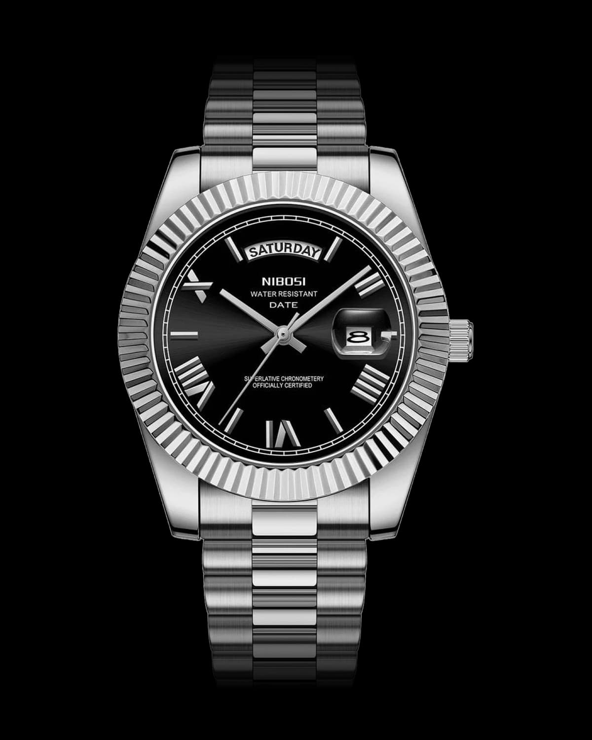 Reloj NIBOSI 1985 Imperial Clásico, acero · esfera negra — referencia NB-IMC-SVBK