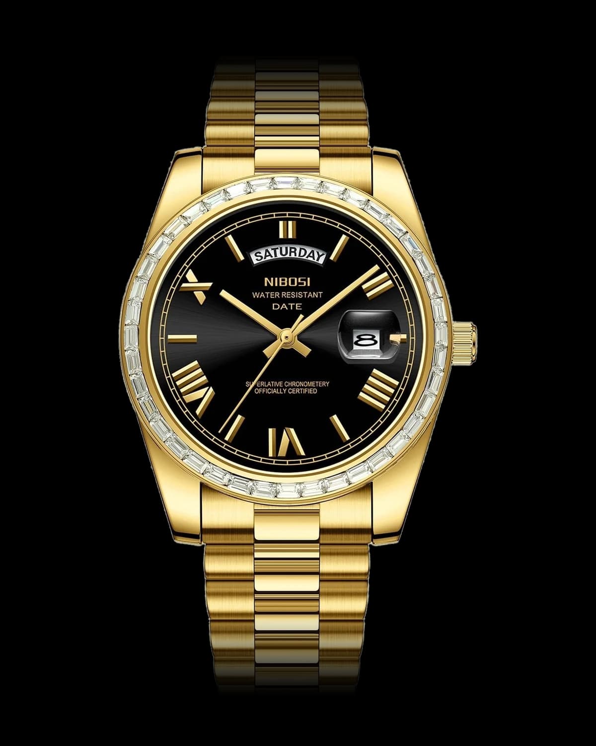 Reloj NIBOSI 1985 Imperial Diamante, dorado · esfera negra — referencia NB-IMD-GDBK