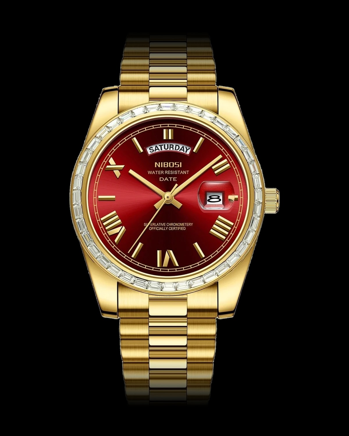 Reloj NIBOSI 1985 Imperial Diamante, dorado · esfera roja — referencia NB-IMD-GDRD