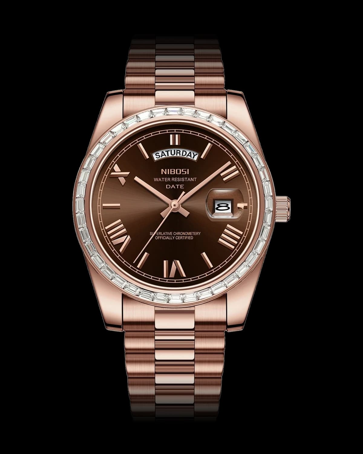 Reloj NIBOSI 1985 Imperial Diamante, oro rosa · esfera marrón — referencia NB-IMD-RGBR