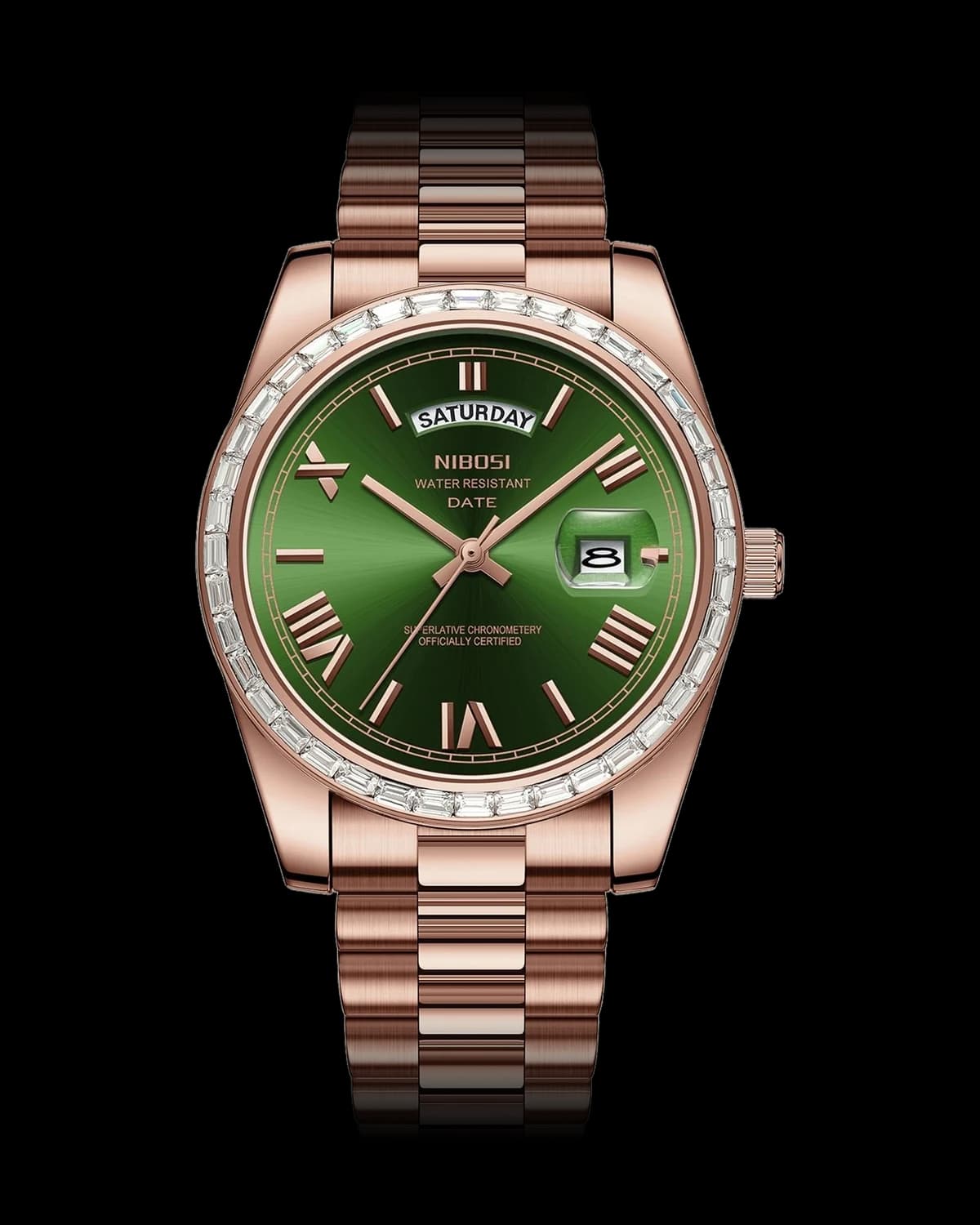 Reloj NIBOSI 1985 Imperial Diamante, oro rosa · esfera verde — referencia NB-IMD-RGGN