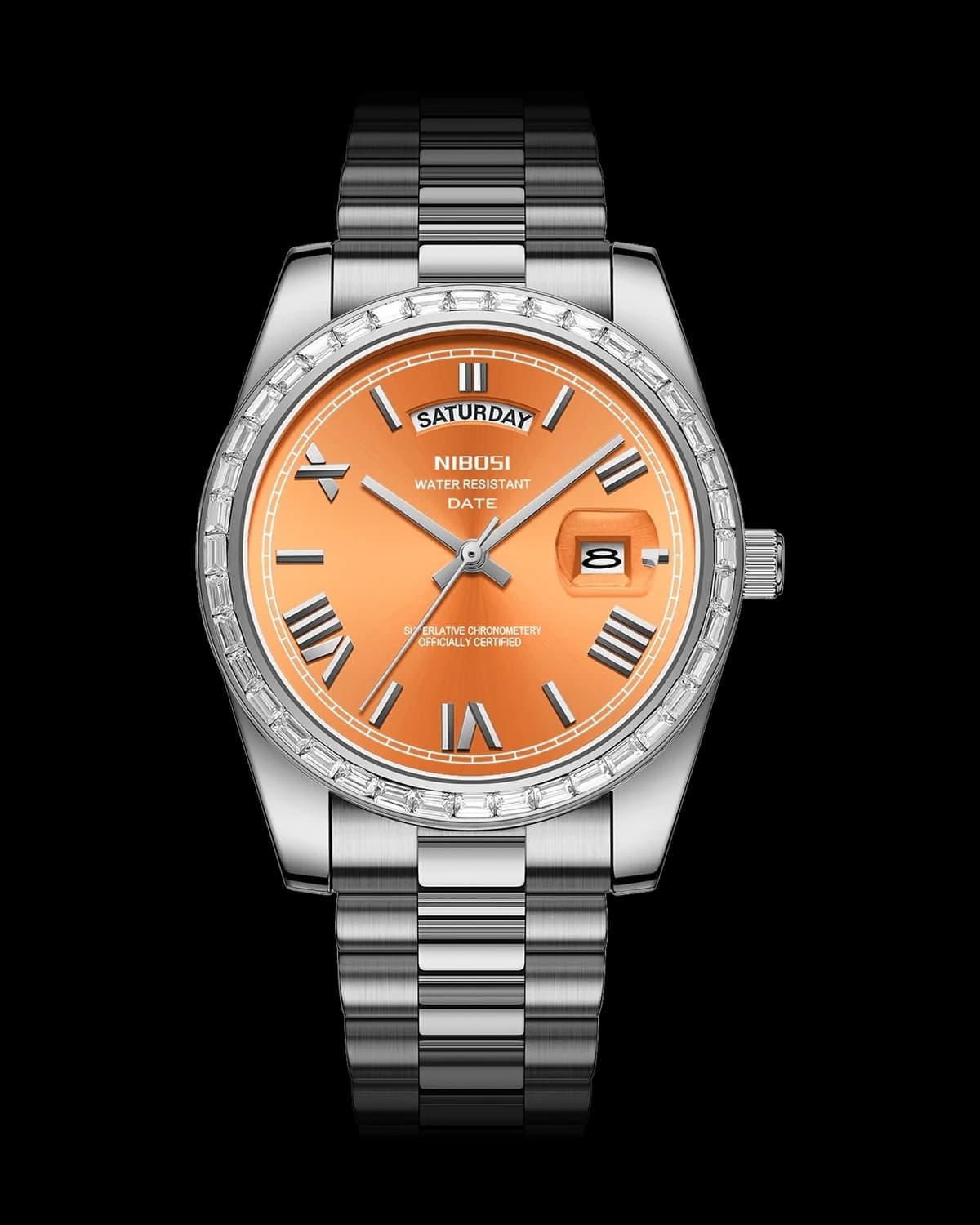 Reloj NIBOSI 1985 Imperial Diamante, acero · esfera naranja — referencia NB-IMD-SVOR