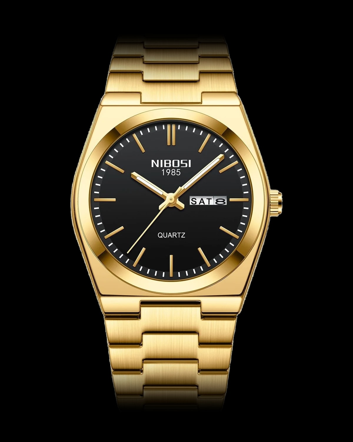 Reloj NIBOSI 1985 Integra Quartz, dorado · esfera negra — referencia NB-INT-GDBK