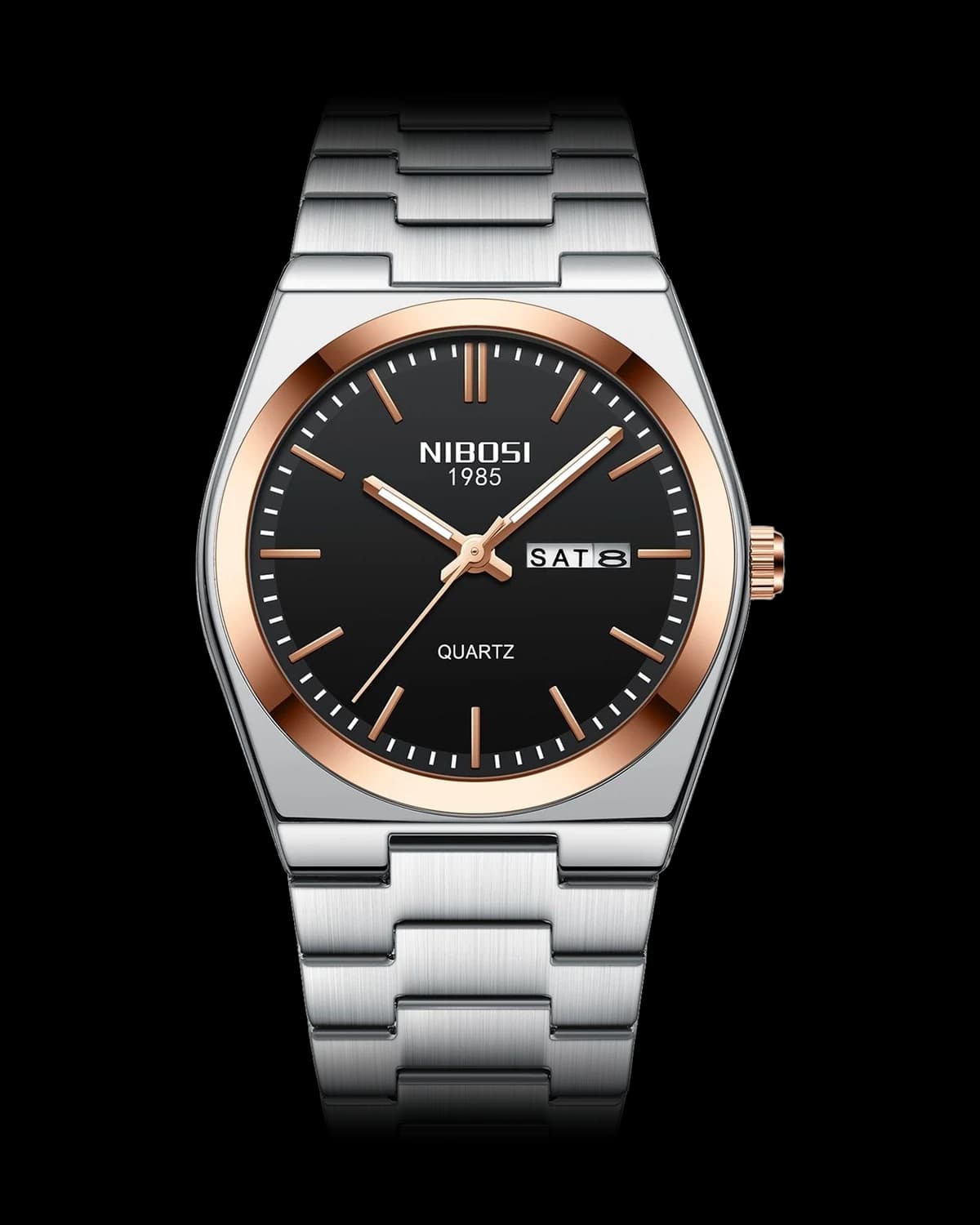 Reloj NIBOSI 1985 Integra Quartz, acero y oro rosa · esfera negra — referencia NB-INT-SRBK