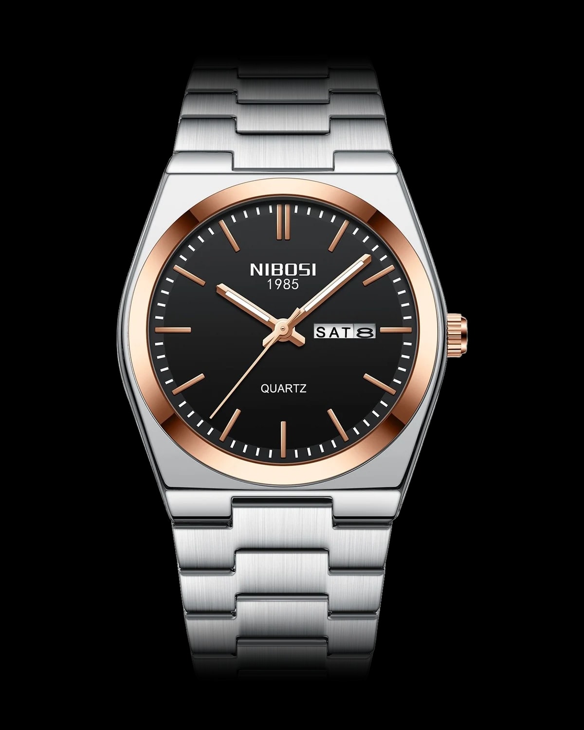 Reloj NIBOSI 1985 Integra Quartz, acero y oro rosa · esfera negra — referencia NB-INT-SRBK