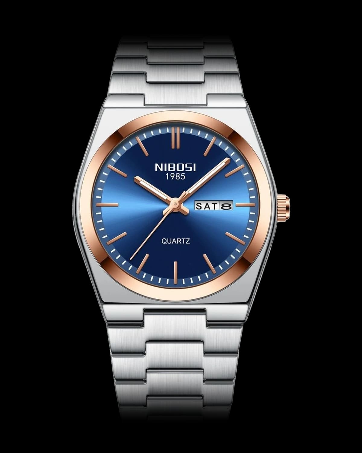 Reloj NIBOSI 1985 Integra Quartz, acero y oro rosa · esfera azul — referencia NB-INT-SRBL