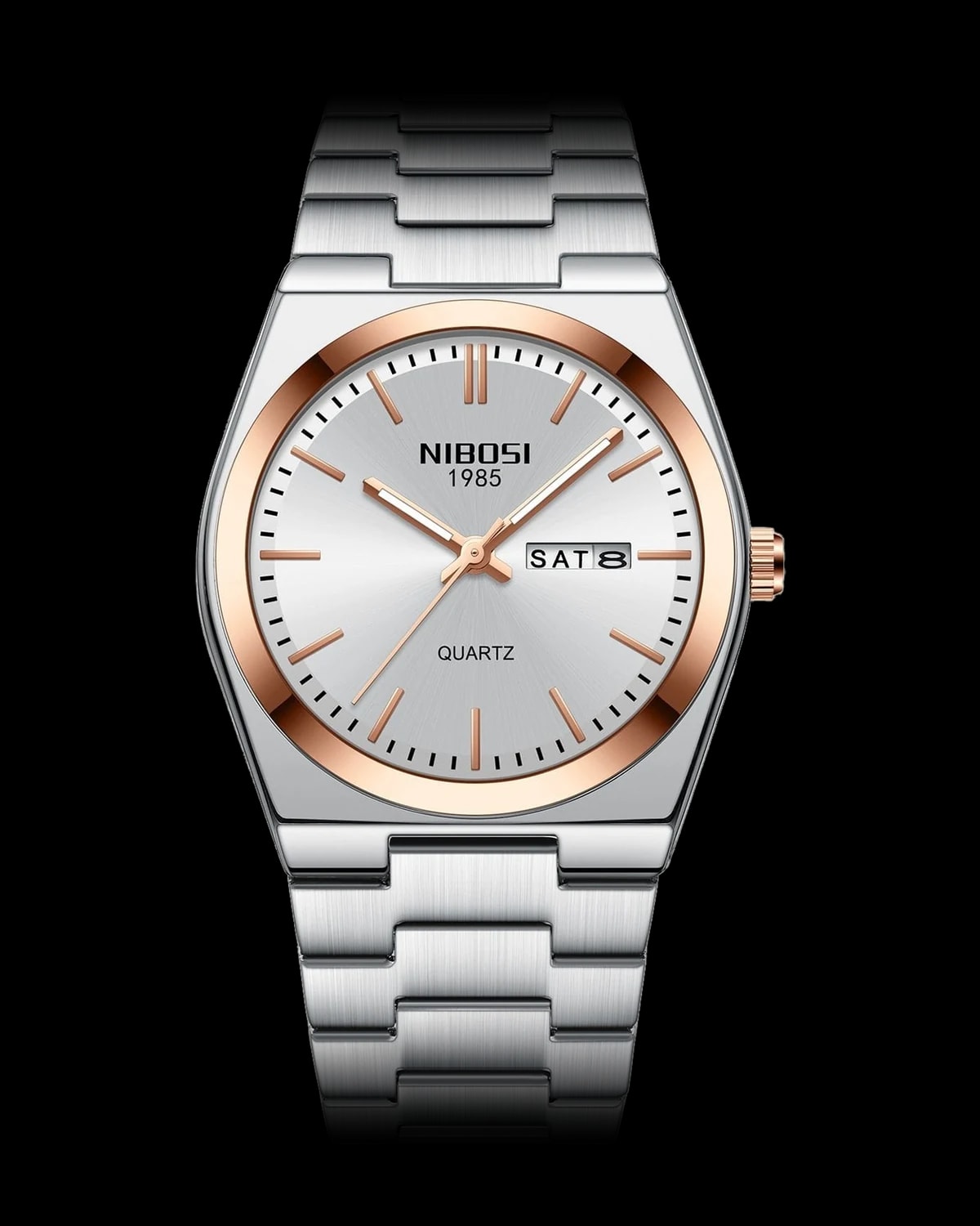 Reloj NIBOSI 1985 Integra Quartz, acero y oro rosa · esfera blanca — referencia NB-INT-SRWH