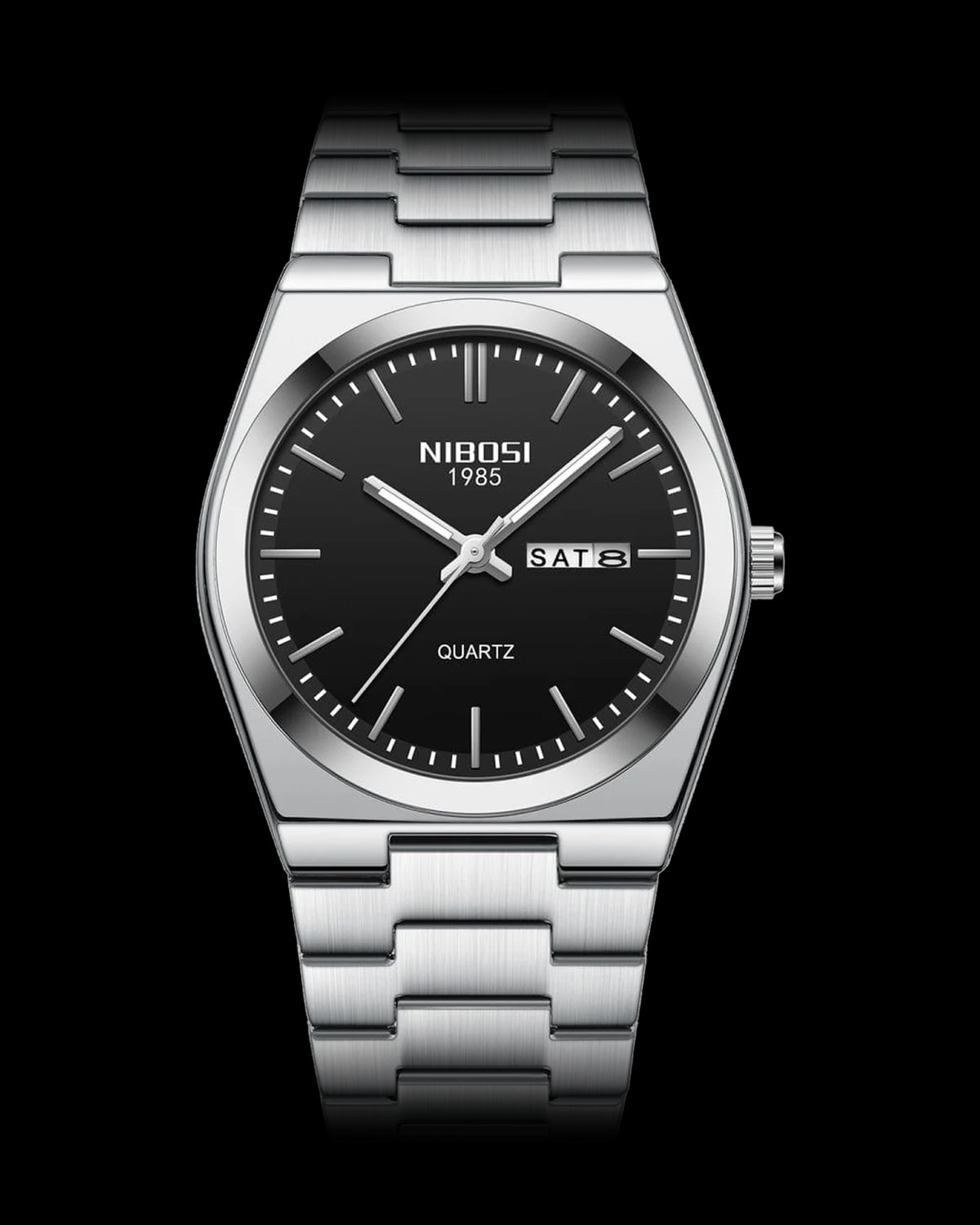 Reloj NIBOSI 1985 Integra Quartz, acero · esfera negra — referencia NB-INT-SVBK