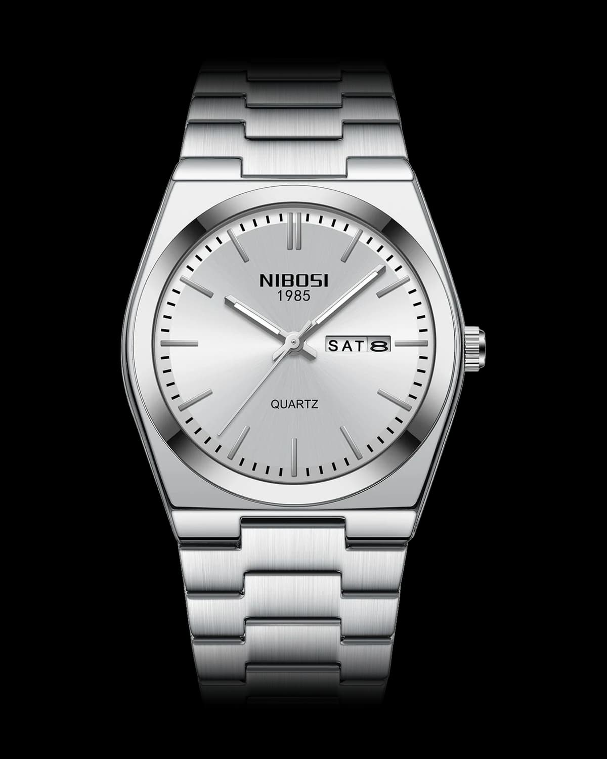 Reloj NIBOSI 1985 Integra Quartz, acero · esfera blanca — referencia NB-INT-SVWH