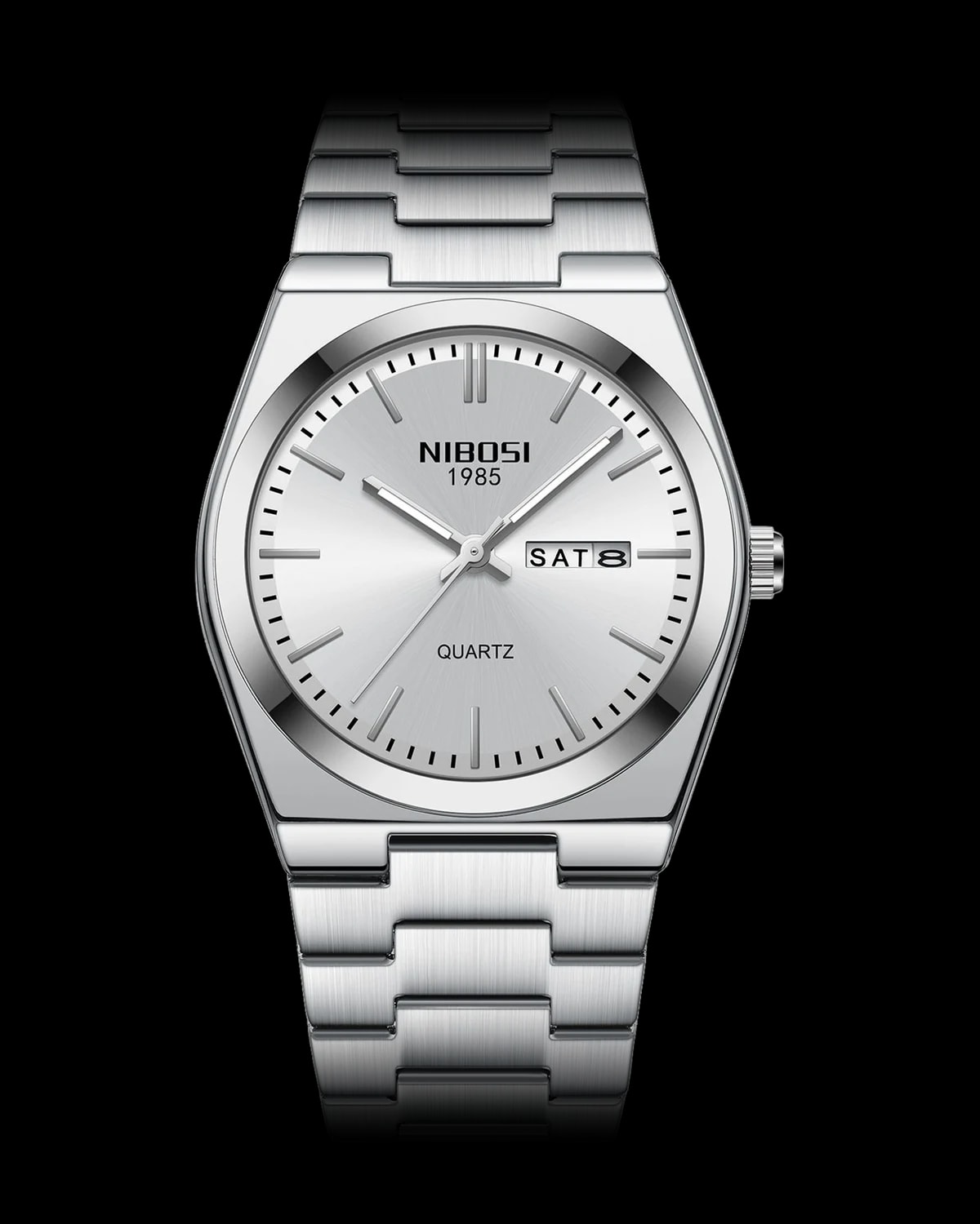 Reloj NIBOSI 1985 Integra Quartz, acero · esfera blanca — referencia NB-INT-SVWH