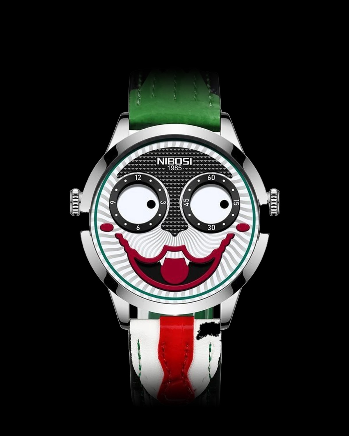 Reloj NIBOSI 1985 Jester, acero · esfera blanca y negra · correa verde — referencia NB-JST-SVBW-LGN