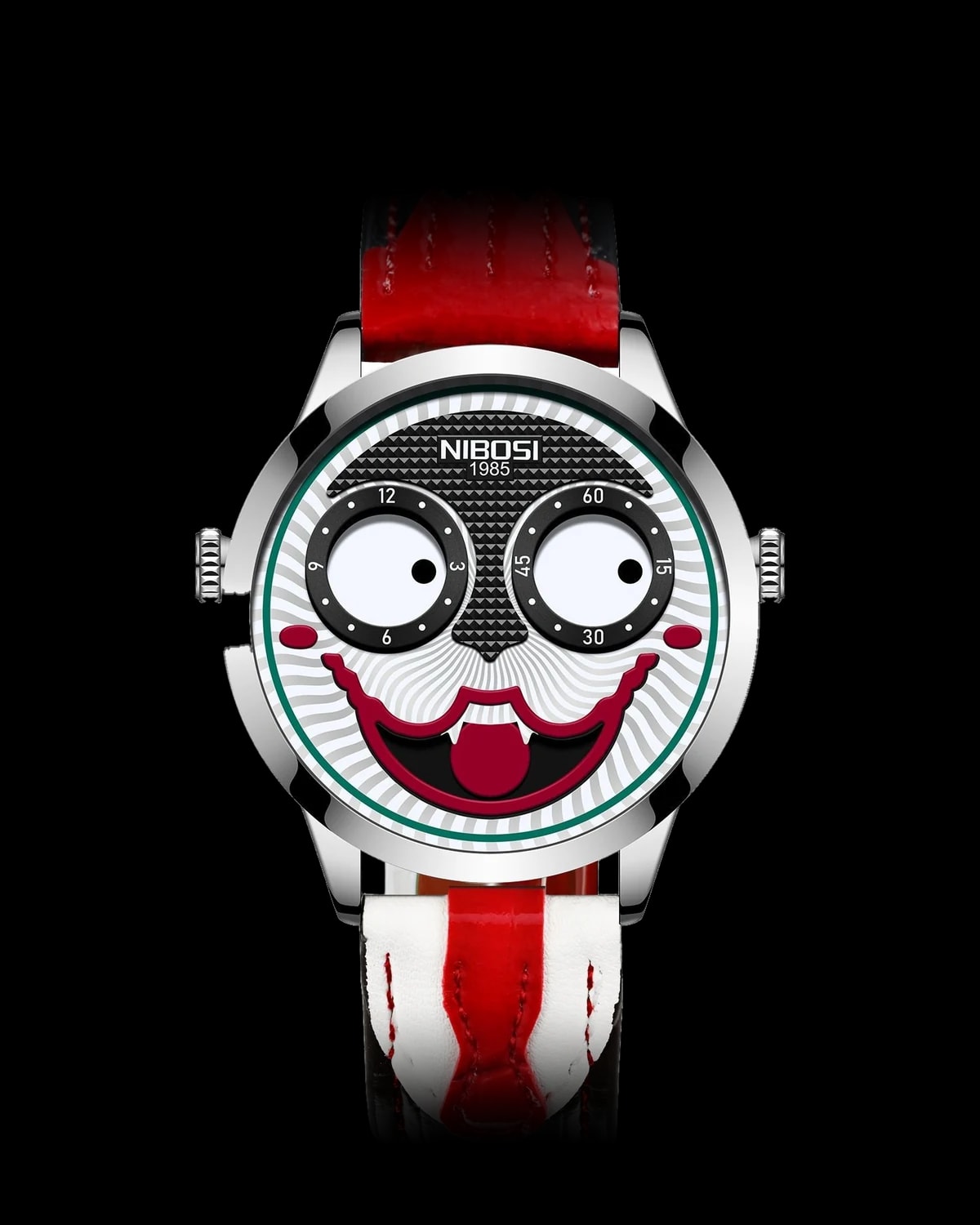 Reloj NIBOSI 1985 Jester, acero · esfera blanca y negra · correa roja — referencia NB-JST-SVBW-LRD