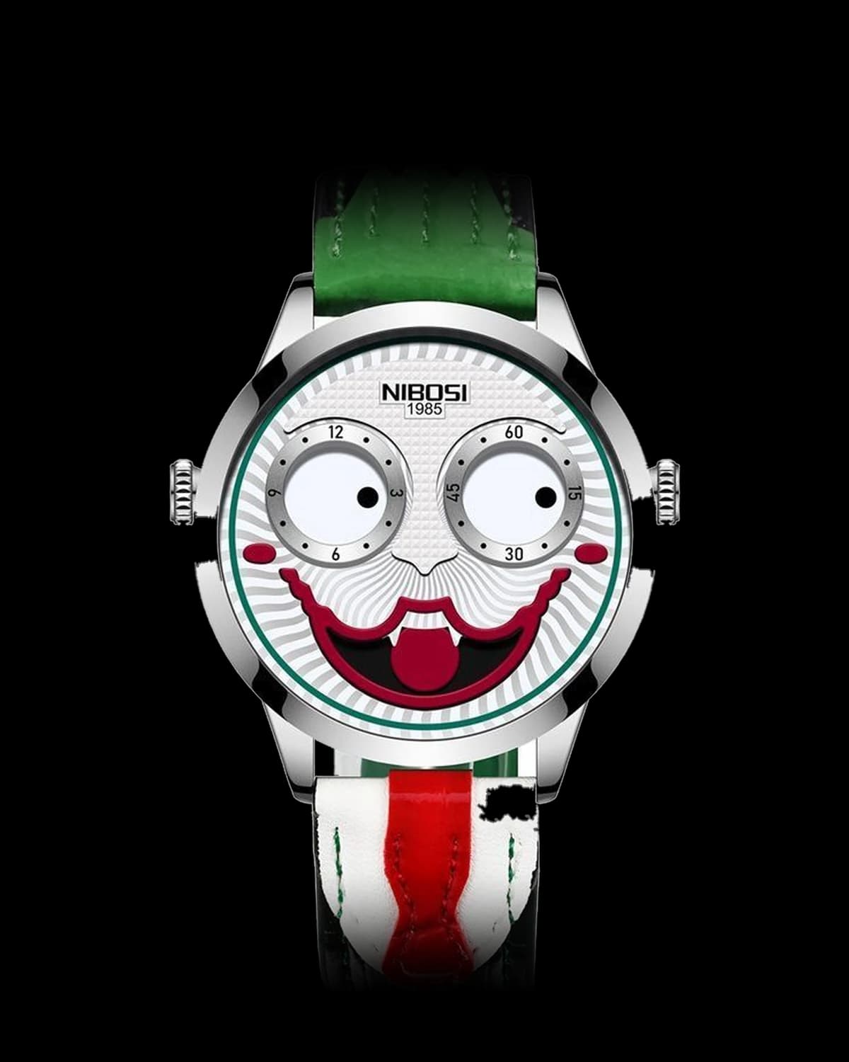 Reloj NIBOSI 1985 Jester, acero · esfera blanca · correa verde — referencia NB-JST-SVWH-LGN