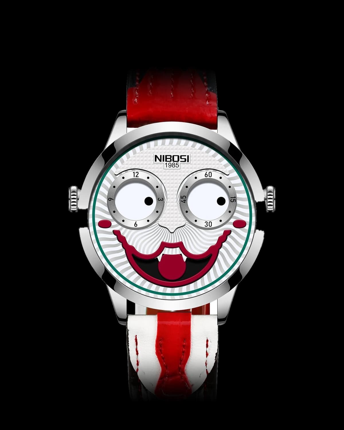 Reloj NIBOSI 1985 Jester, acero · esfera blanca · correa roja — referencia NB-JST-SVWH-LRD