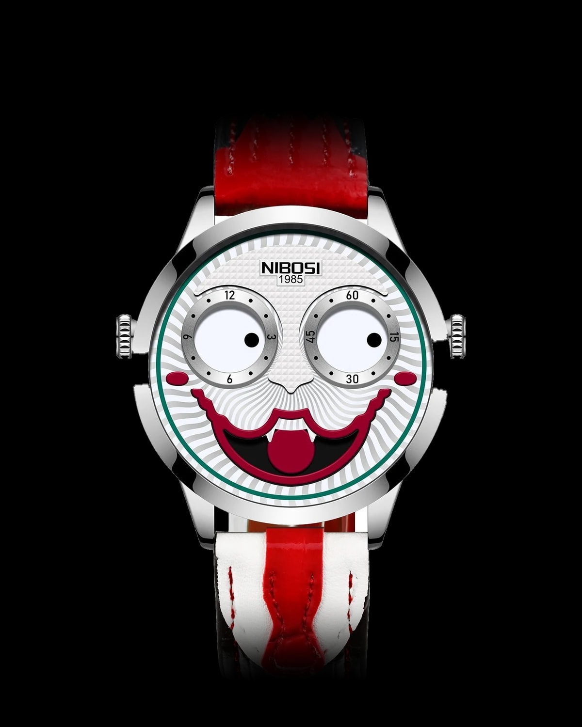 Reloj NIBOSI 1985 Jester, acero · esfera blanca · correa roja — referencia NB-JST-SVWH-LRD