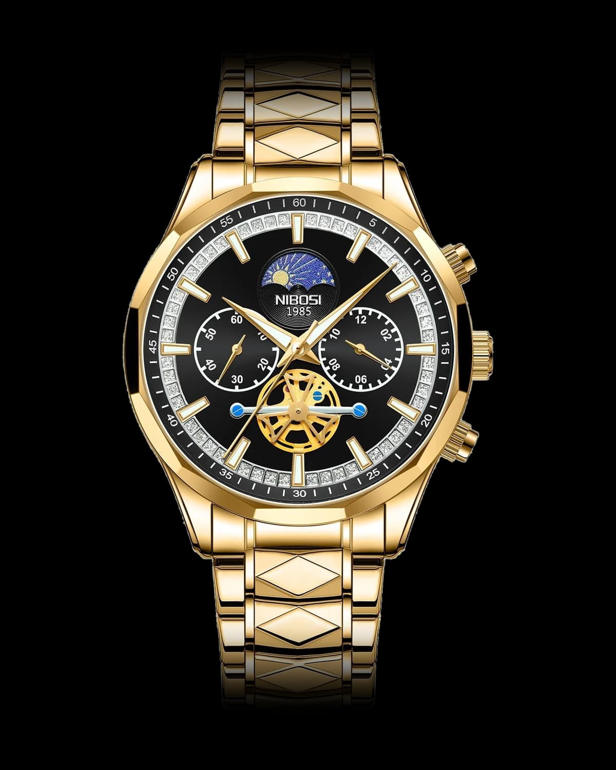 Reloj NIBOSI 1985 Luna Tourbillon, dorado · esfera negra — referencia NB-LUN-GDBK