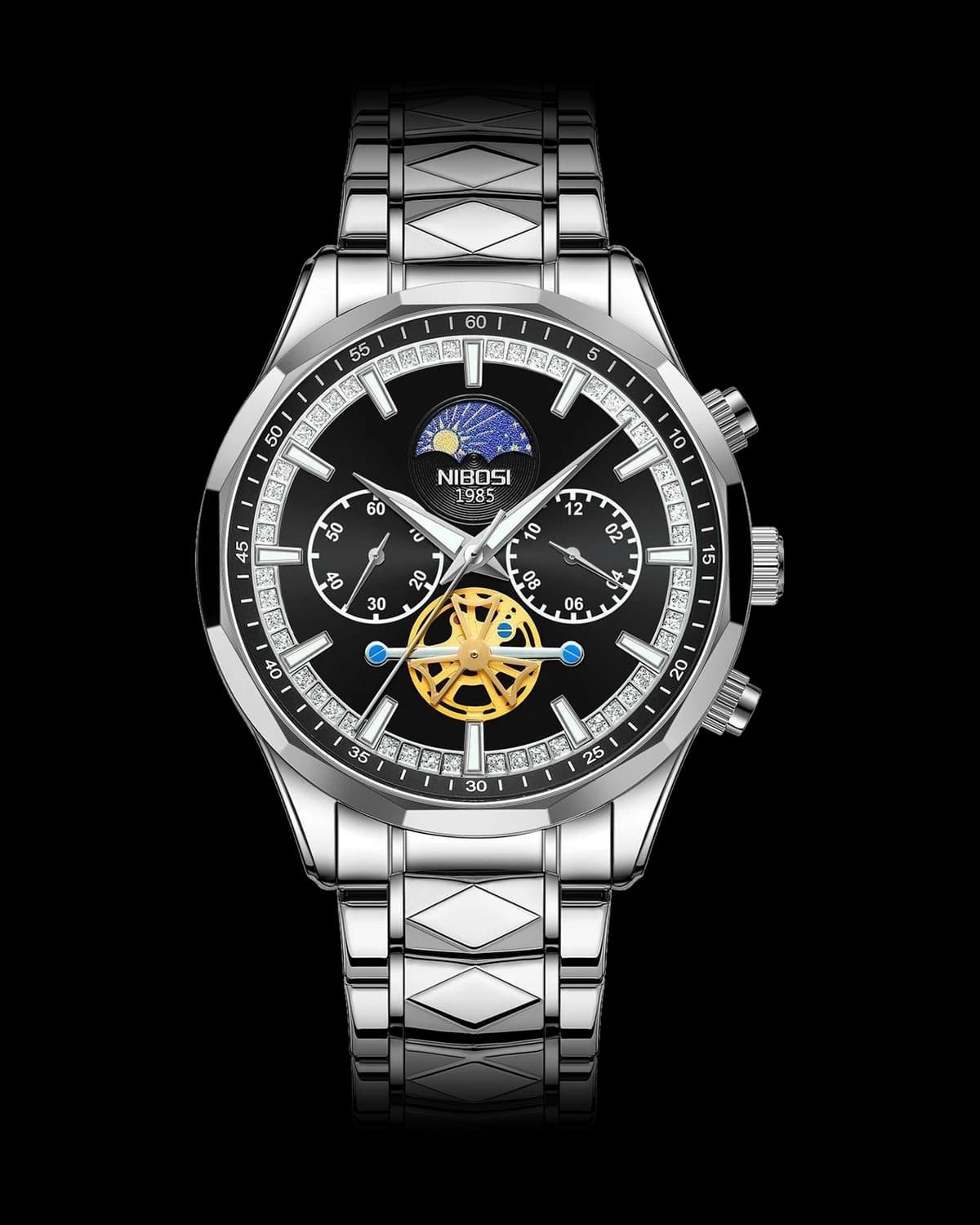 Reloj NIBOSI 1985 Luna Tourbillon, acero · esfera negra — referencia NB-LUN-SVBK