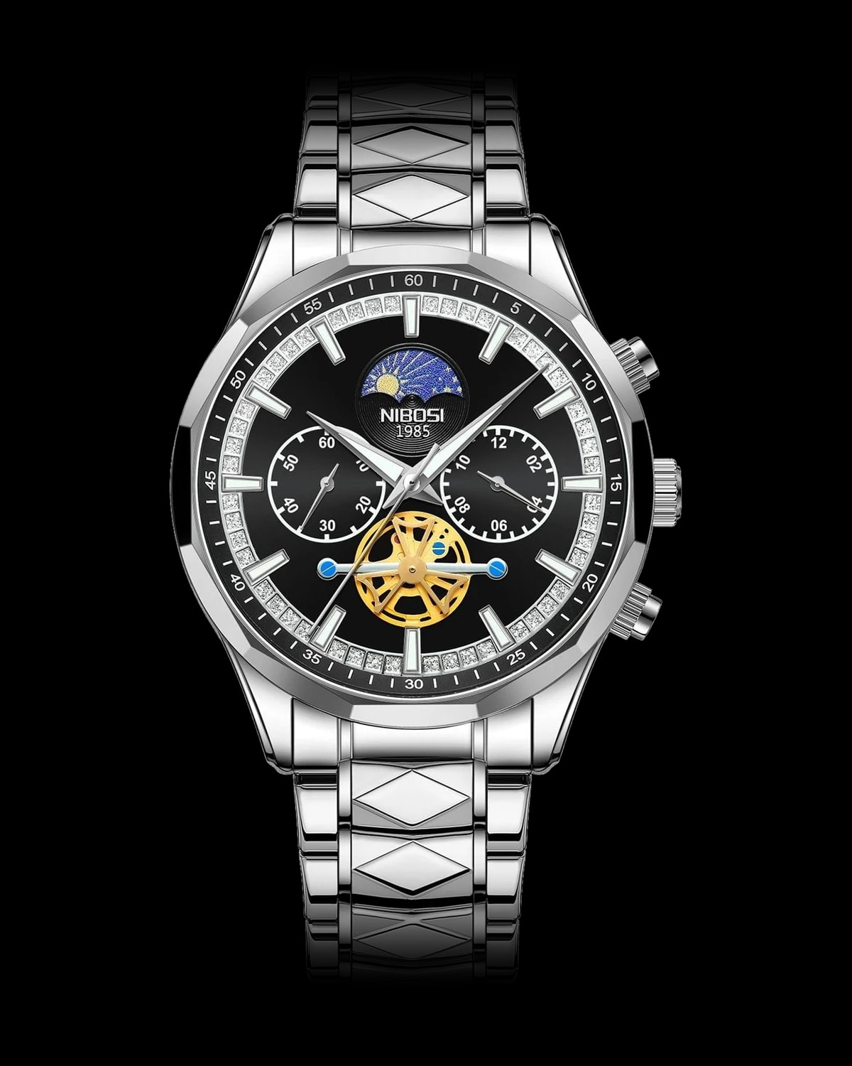 Reloj NIBOSI 1985 Luna Tourbillon, acero · esfera negra — referencia NB-LUN-SVBK
