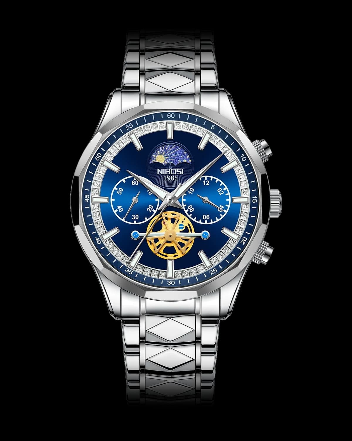 Reloj NIBOSI 1985 Luna Tourbillon, acero · esfera azul — referencia NB-LUN-SVBL