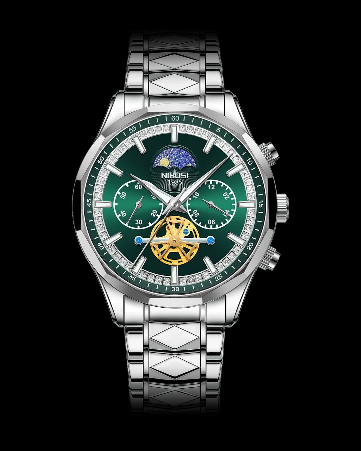 Reloj NIBOSI 1985 Luna Tourbillon, acero · esfera verde — referencia NB-LUN-SVGN