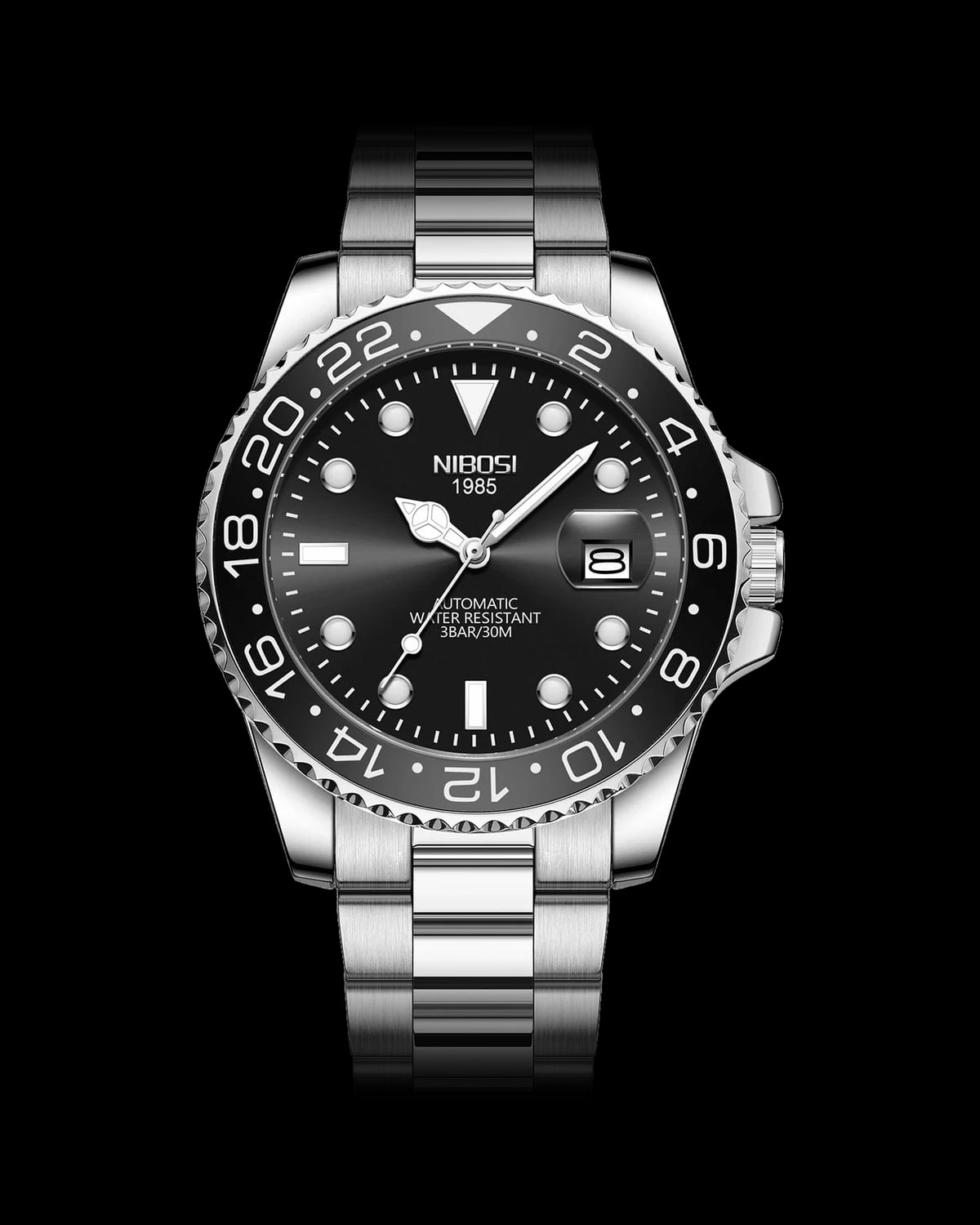 Reloj NIBOSI 1985 Mariner GMT, acero · esfera negra · bisel negro — referencia NB-MGT-SVBK-BK