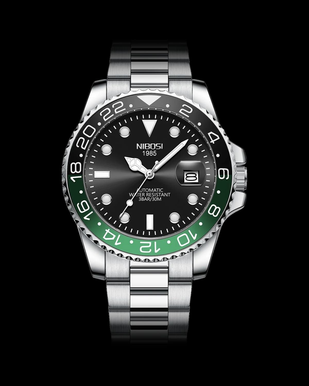 Reloj NIBOSI 1985 Mariner GMT, acero · esfera negra · bisel negro/verde — referencia NB-MGT-SVBK-GN